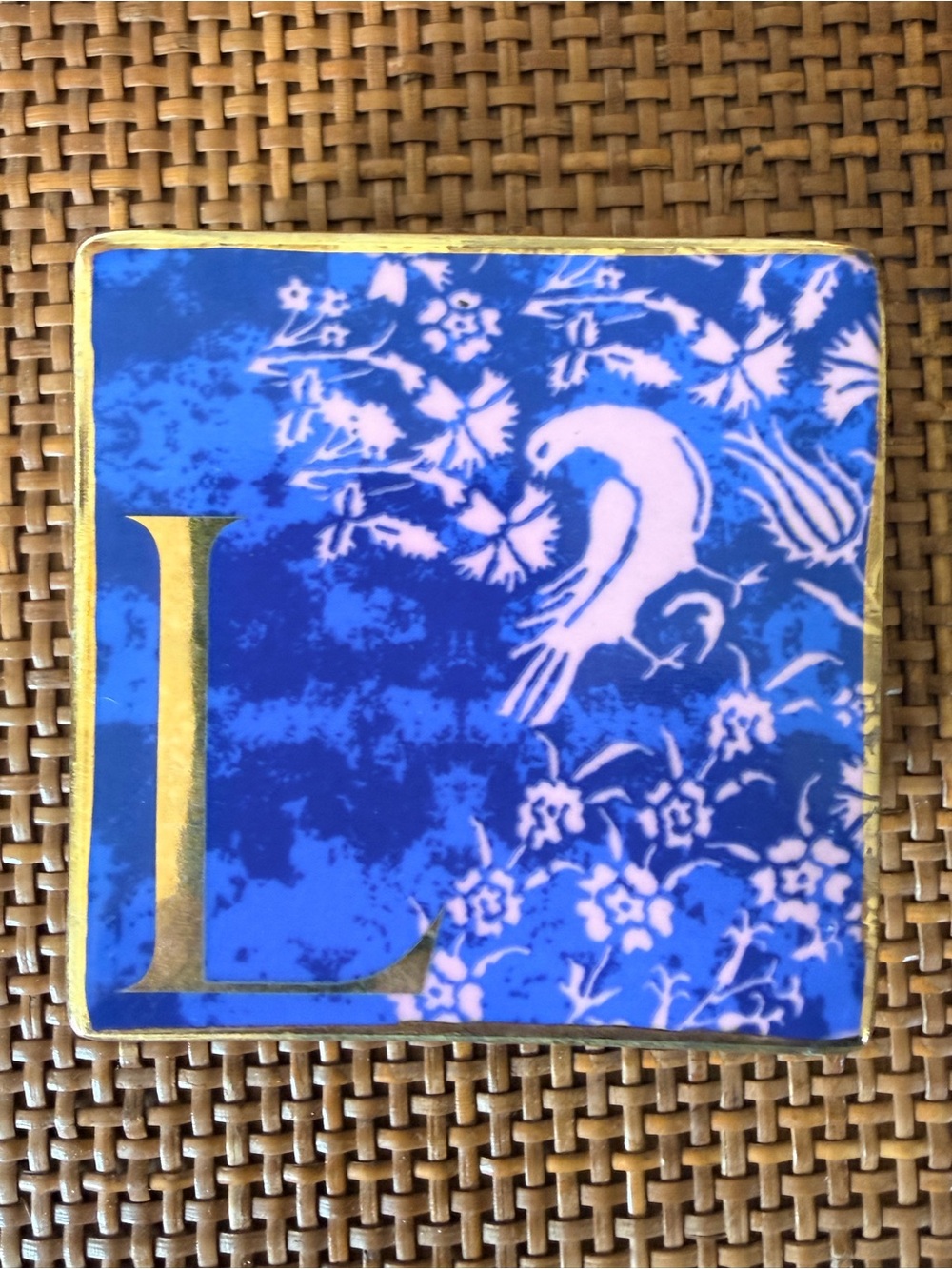 Anthropologie Trinket Box "L" Blue pink ceramic 3" square
